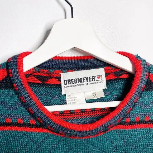 Vintage Obermeyer Sweater Ski Wool Blend Size Men’s Medium Christmas Green Red - Picture 3 of 4